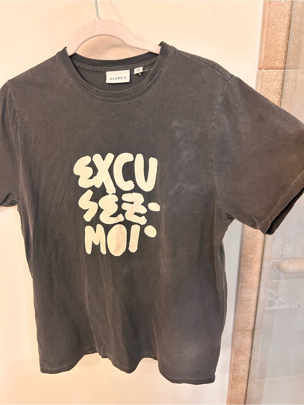 Clare V Washed Black Tee with Cream 'Excusez-Moi' Graphic - Picture 2 of 5